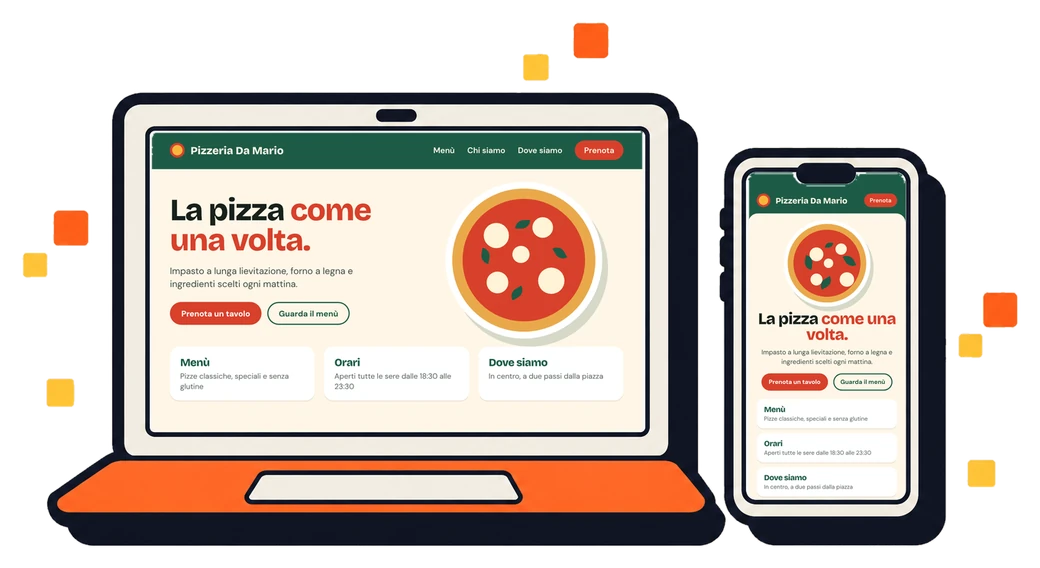 Un sito dimostrativo per una pizzeria mostrato su computer portatile e smartphone