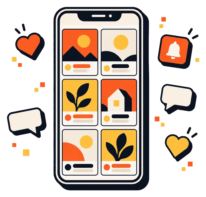 Smartphone con una griglia di post, cuori e commenti