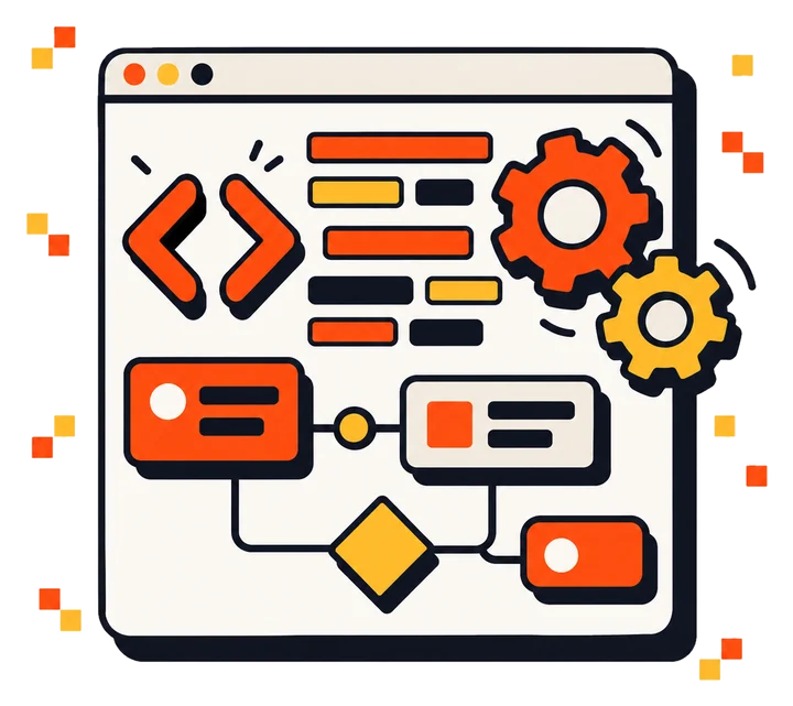 Finestra di un programma con codice, ingranaggi e un diagramma
